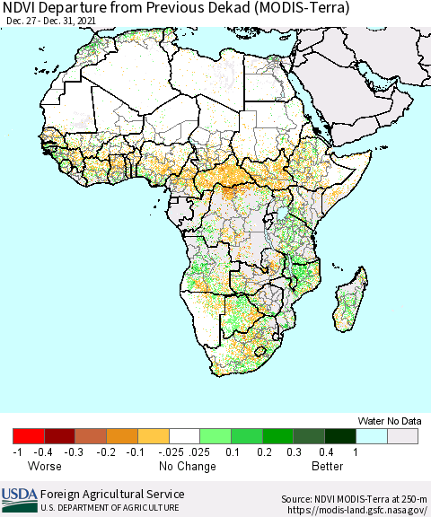 Africa NDVI Departure from Previous Dekad (Terra-MODIS) Thematic Map For 12/21/2021 - 12/31/2021