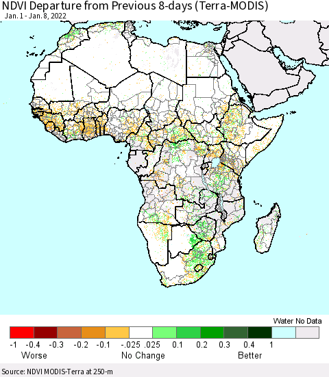Africa NDVI Departure from Previous 8-days (Terra-MODIS) Thematic Map For 1/1/2022 - 1/8/2022