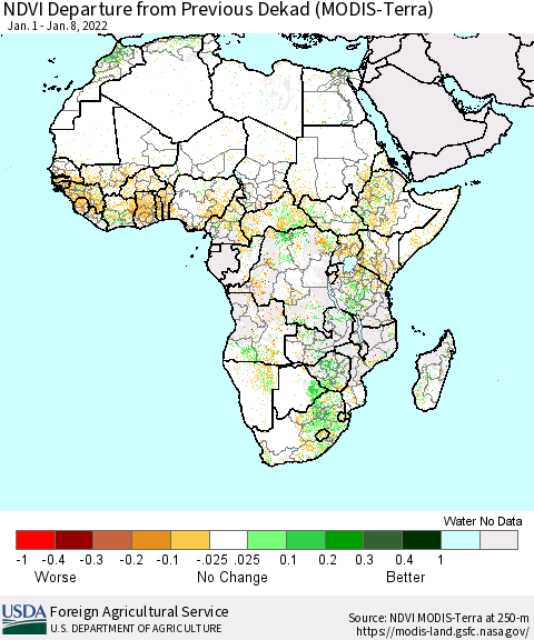Africa NDVI Departure from Previous Dekad (Terra-MODIS) Thematic Map For 1/1/2022 - 1/10/2022