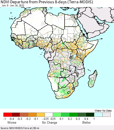 Africa NDVI Departure from Previous 8-days (Terra-MODIS) Thematic Map For 1/9/2022 - 1/16/2022