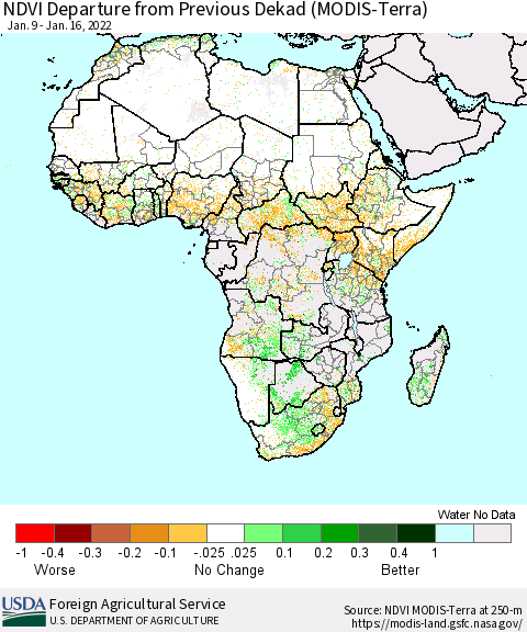Africa NDVI Departure from Previous Dekad (Terra-MODIS) Thematic Map For 1/11/2022 - 1/20/2022