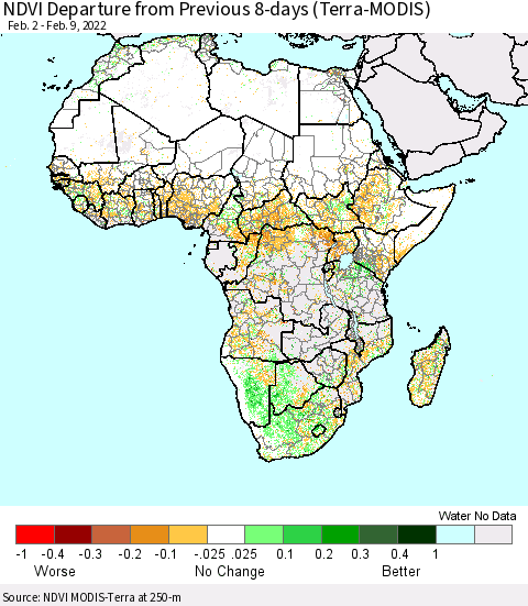 Africa NDVI Departure from Previous 8-days (Terra-MODIS) Thematic Map For 2/2/2022 - 2/9/2022