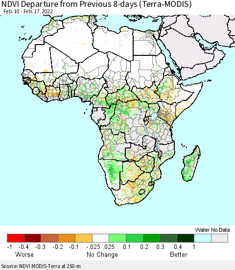 Africa NDVI Departure from Previous 8-days (Terra-MODIS) Thematic Map For 2/10/2022 - 2/17/2022