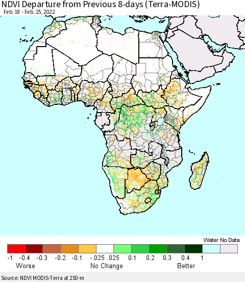 Africa NDVI Departure from Previous 8-days (Terra-MODIS) Thematic Map For 2/18/2022 - 2/25/2022