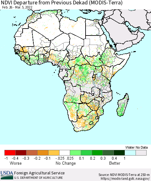 Africa NDVI Departure from Previous Dekad (Terra-MODIS) Thematic Map For 3/1/2022 - 3/10/2022