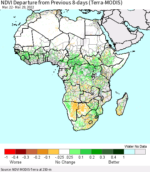 Africa NDVI Departure from Previous 8-days (Terra-MODIS) Thematic Map For 3/22/2022 - 3/29/2022