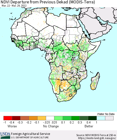 Africa NDVI Departure from Previous Dekad (Terra-MODIS) Thematic Map For 3/21/2022 - 3/31/2022