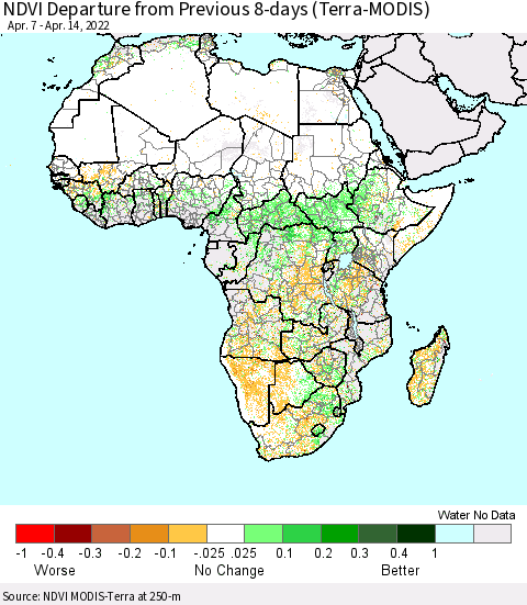 Africa NDVI Departure from Previous 8-days (Terra-MODIS) Thematic Map For 4/7/2022 - 4/14/2022