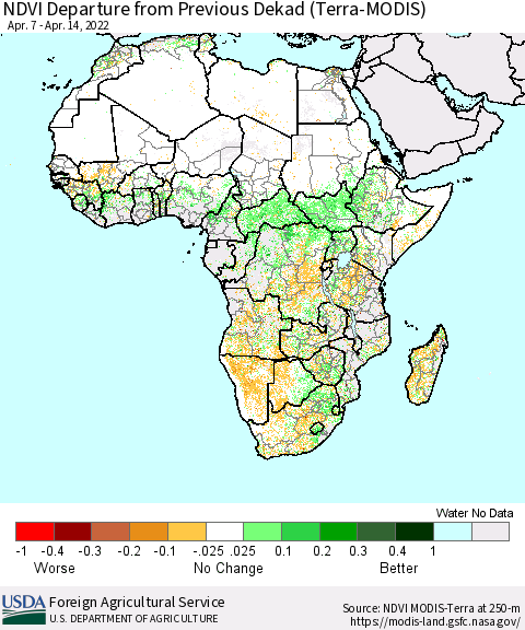 Africa NDVI Departure from Previous Dekad (Terra-MODIS) Thematic Map For 4/11/2022 - 4/20/2022