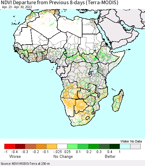 Africa NDVI Departure from Previous 8-days (Terra-MODIS) Thematic Map For 4/23/2022 - 4/30/2022