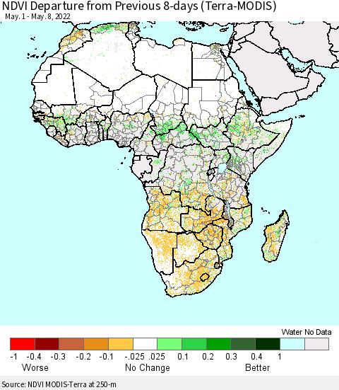 Africa NDVI Departure from Previous 8-days (Terra-MODIS) Thematic Map For 5/1/2022 - 5/8/2022