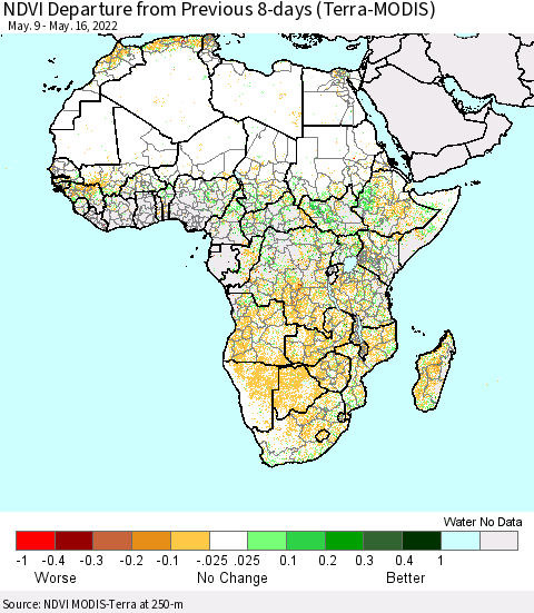 Africa NDVI Departure from Previous 8-days (Terra-MODIS) Thematic Map For 5/9/2022 - 5/16/2022