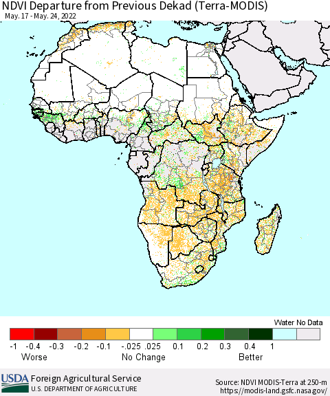 Africa NDVI Departure from Previous Dekad (Terra-MODIS) Thematic Map For 5/21/2022 - 5/31/2022