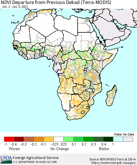 Africa NDVI Departure from Previous Dekad (Terra-MODIS) Thematic Map For 6/1/2022 - 6/10/2022