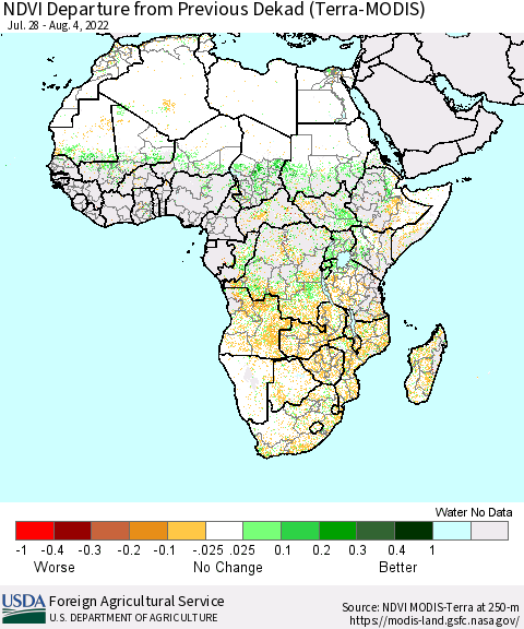 Africa NDVI Departure from Previous Dekad (Terra-MODIS) Thematic Map For 8/1/2022 - 8/10/2022