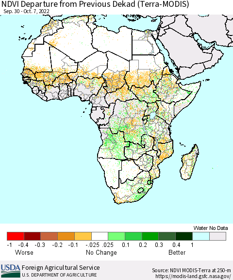 Africa NDVI Departure from Previous Dekad (Terra-MODIS) Thematic Map For 10/1/2022 - 10/10/2022