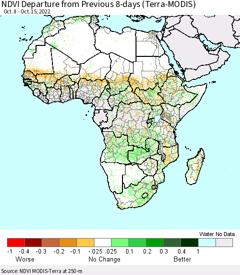 Africa NDVI Departure from Previous 8-days (Terra-MODIS) Thematic Map For 10/8/2022 - 10/15/2022