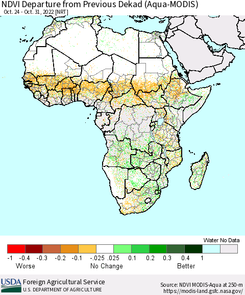 Africa NDVI Departure from Previous Dekad (Terra-MODIS) Thematic Map For 10/21/2022 - 10/31/2022