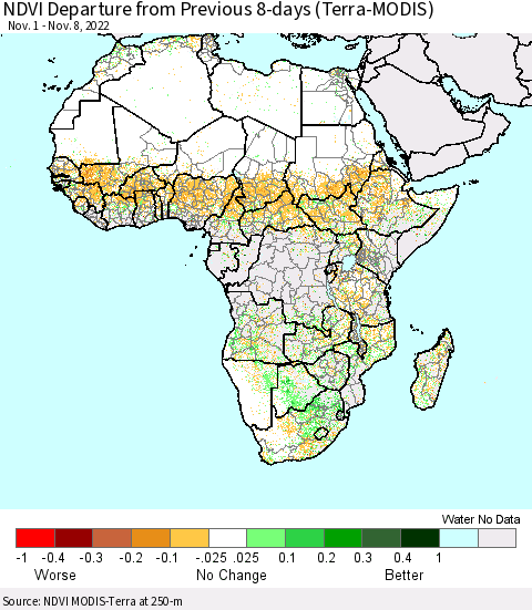 Africa NDVI Departure from Previous 8-days (Terra-MODIS) Thematic Map For 11/1/2022 - 11/8/2022