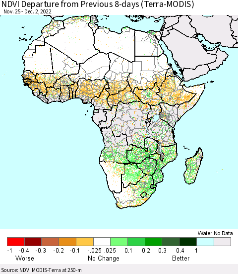 Africa NDVI Departure from Previous 8-days (Terra-MODIS) Thematic Map For 11/25/2022 - 12/2/2022