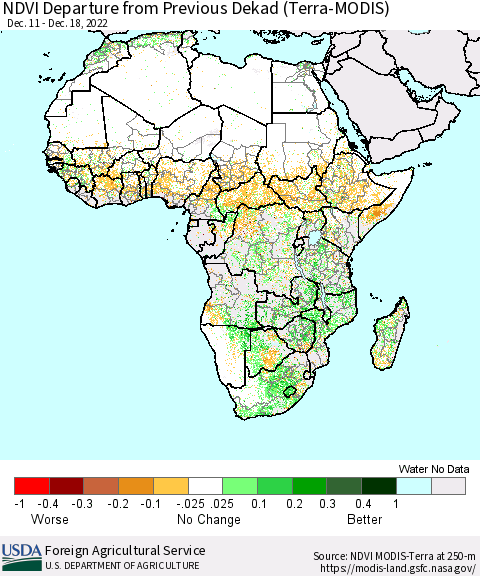 Africa NDVI Departure from Previous Dekad (Terra-MODIS) Thematic Map For 12/11/2022 - 12/20/2022