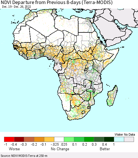 Africa NDVI Departure from Previous 8-days (Terra-MODIS) Thematic Map For 12/19/2022 - 12/26/2022