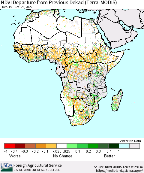 Africa NDVI Departure from Previous Dekad (Terra-MODIS) Thematic Map For 12/21/2022 - 12/31/2022