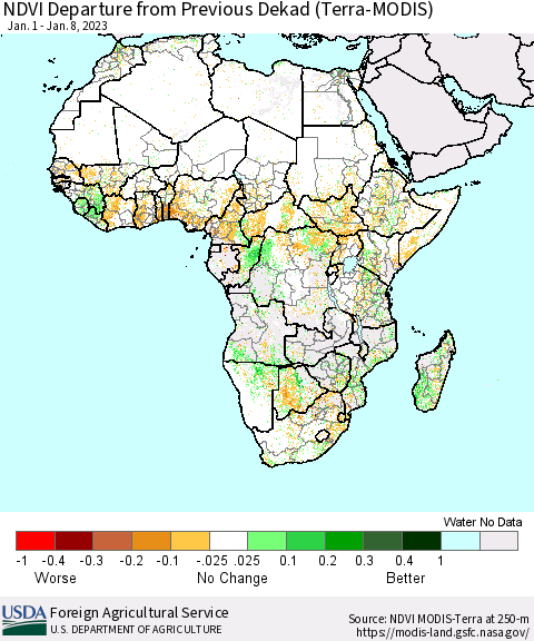 Africa NDVI Departure from Previous Dekad (Terra-MODIS) Thematic Map For 1/1/2023 - 1/10/2023