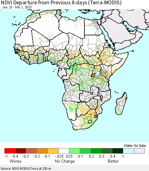 Africa NDVI Departure from Previous 8-days (Terra-MODIS) Thematic Map For 1/25/2023 - 2/1/2023