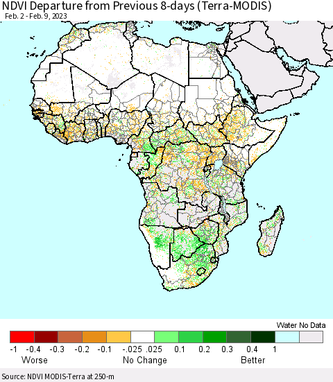 Africa NDVI Departure from Previous 8-days (Terra-MODIS) Thematic Map For 2/2/2023 - 2/9/2023