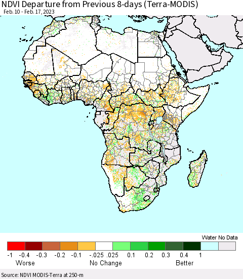 Africa NDVI Departure from Previous 8-days (Terra-MODIS) Thematic Map For 2/10/2023 - 2/17/2023
