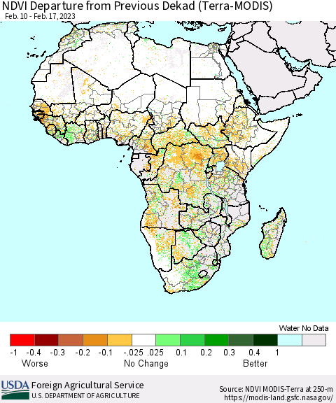 Africa NDVI Departure from Previous Dekad (Terra-MODIS) Thematic Map For 2/11/2023 - 2/20/2023