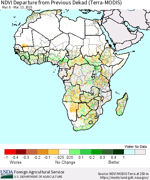 Africa NDVI Departure from Previous Dekad (Terra-MODIS) Thematic Map For 3/11/2023 - 3/20/2023
