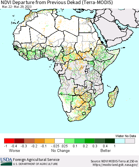 Africa NDVI Departure from Previous Dekad (Terra-MODIS) Thematic Map For 3/21/2023 - 3/31/2023