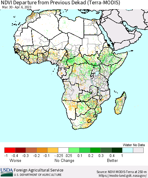 Africa NDVI Departure from Previous Dekad (Terra-MODIS) Thematic Map For 4/1/2023 - 4/10/2023