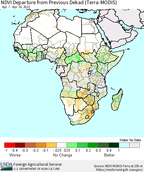 Africa NDVI Departure from Previous Dekad (Terra-MODIS) Thematic Map For 4/11/2023 - 4/20/2023