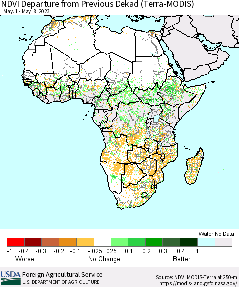 Africa NDVI Departure from Previous Dekad (Terra-MODIS) Thematic Map For 5/1/2023 - 5/10/2023