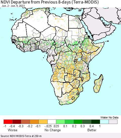 Africa NDVI Departure from Previous 8-days (Terra-MODIS) Thematic Map For 6/2/2023 - 6/9/2023