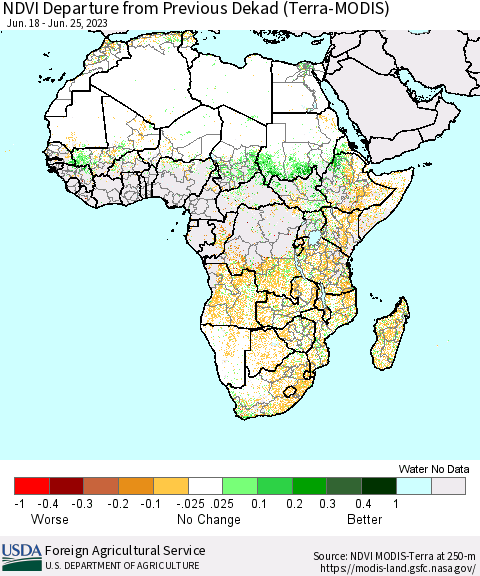 Africa NDVI Departure from Previous Dekad (Terra-MODIS) Thematic Map For 6/21/2023 - 6/30/2023