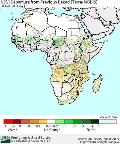 Africa NDVI Departure from Previous Dekad (Terra-MODIS) Thematic Map For 7/1/2023 - 7/10/2023