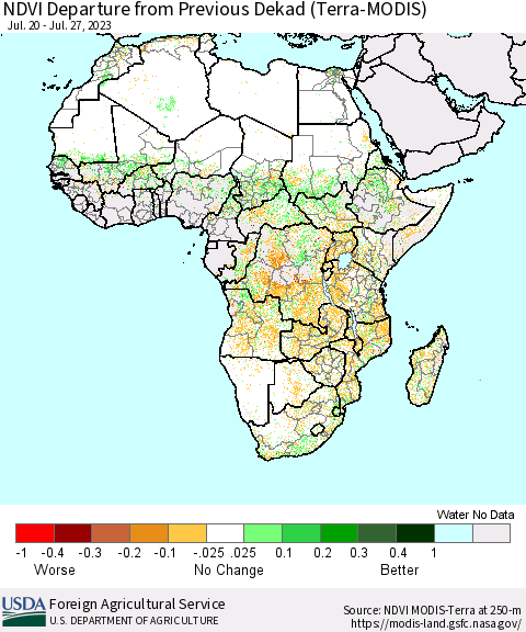 Africa NDVI Departure from Previous Dekad (Terra-MODIS) Thematic Map For 7/21/2023 - 7/31/2023