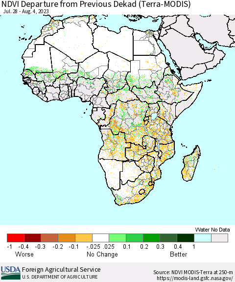 Africa NDVI Departure from Previous Dekad (Terra-MODIS) Thematic Map For 8/1/2023 - 8/10/2023