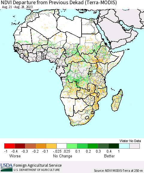 Africa NDVI Departure from Previous Dekad (Terra-MODIS) Thematic Map For 8/21/2023 - 8/31/2023