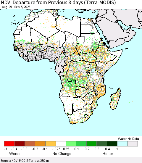 Africa NDVI Departure from Previous 8-days (Terra-MODIS) Thematic Map For 8/29/2023 - 9/5/2023