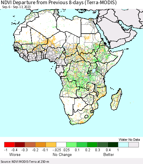 Africa NDVI Departure from Previous 8-days (Terra-MODIS) Thematic Map For 9/6/2023 - 9/13/2023