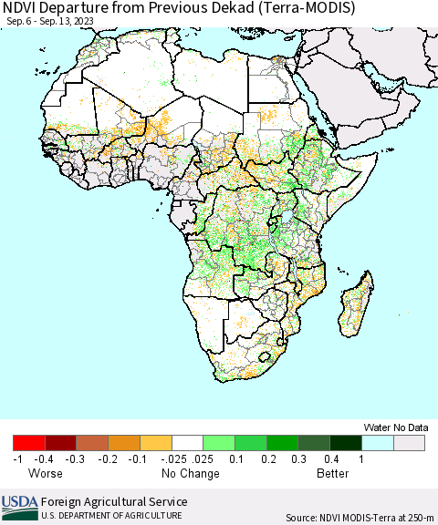 Africa NDVI Departure from Previous Dekad (Terra-MODIS) Thematic Map For 9/11/2023 - 9/20/2023