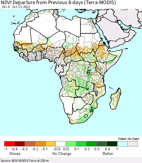 Africa NDVI Departure from Previous 8-days (Terra-MODIS) Thematic Map For 10/8/2023 - 10/15/2023
