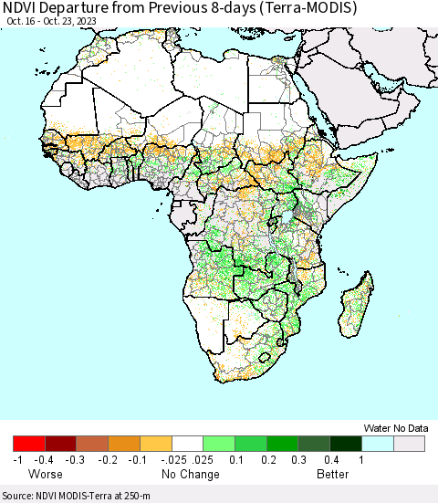 Africa NDVI Departure from Previous 8-days (Terra-MODIS) Thematic Map For 10/16/2023 - 10/23/2023