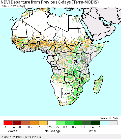 Africa NDVI Departure from Previous 8-days (Terra-MODIS) Thematic Map For 11/1/2023 - 11/8/2023