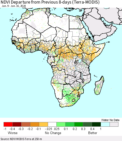 Africa NDVI Departure from Previous 8-days (Terra-MODIS) Thematic Map For 1/9/2024 - 1/16/2024
